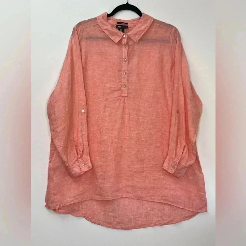 JNY Jones New York Women Sz 1X 100% Linen Roll Tab Sleeves Tunic Top Coral Peach
